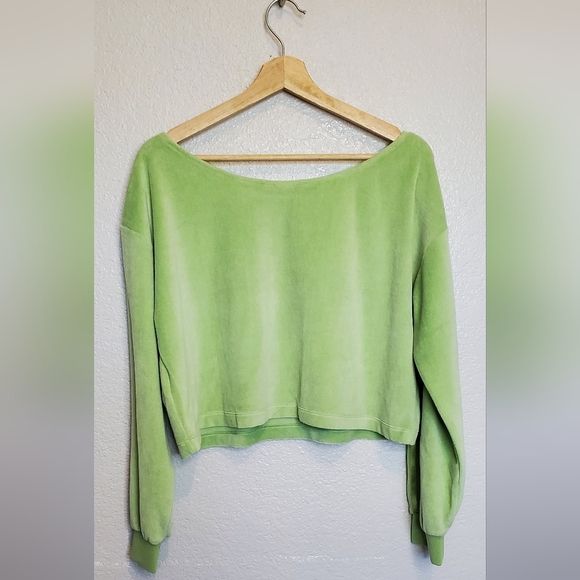 Adidas Green Velour Off The Shoulder Cropped Sweatshirt Size Medium - Picture 7 of 12